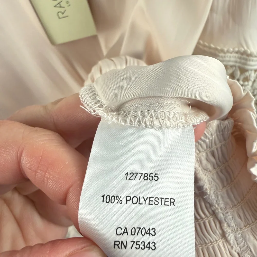 NEW Rachel Zoe Cream Satin Peasant Blouse Crochet Smocked Medium Boho Small Flaw - Picture 6 of 8